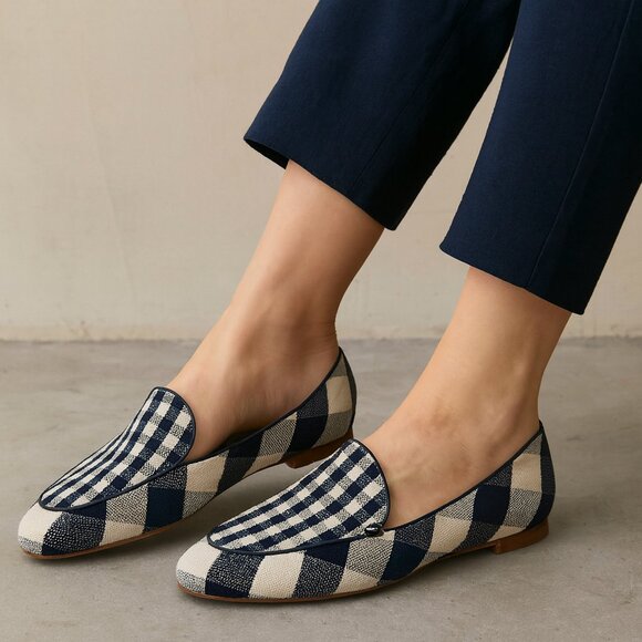 Talbots SZ 8.5 Ryan Loafers Blue Gingham Canvas - Picture 1 of 10